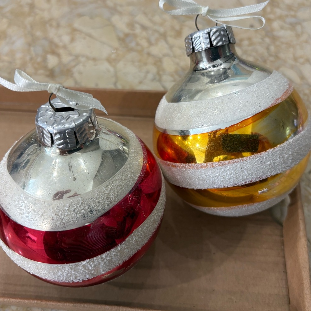 2 VINTAGE 3.5” GOLD & RED HAND-PAINTED, MICA FROSTED STRIPE ORNAMENTS